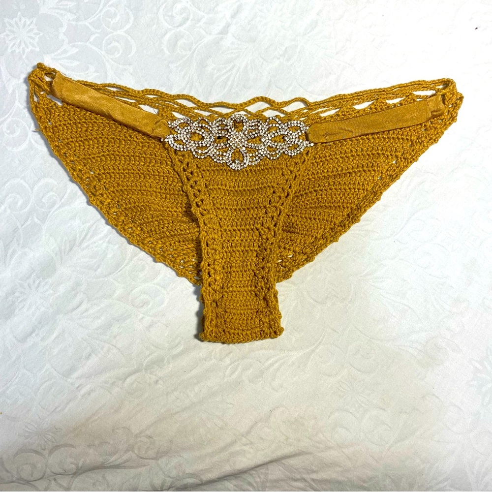 Crochet Swim Bikini Bottoms with Rhinestone Diamond Emblem Embellishment Bling